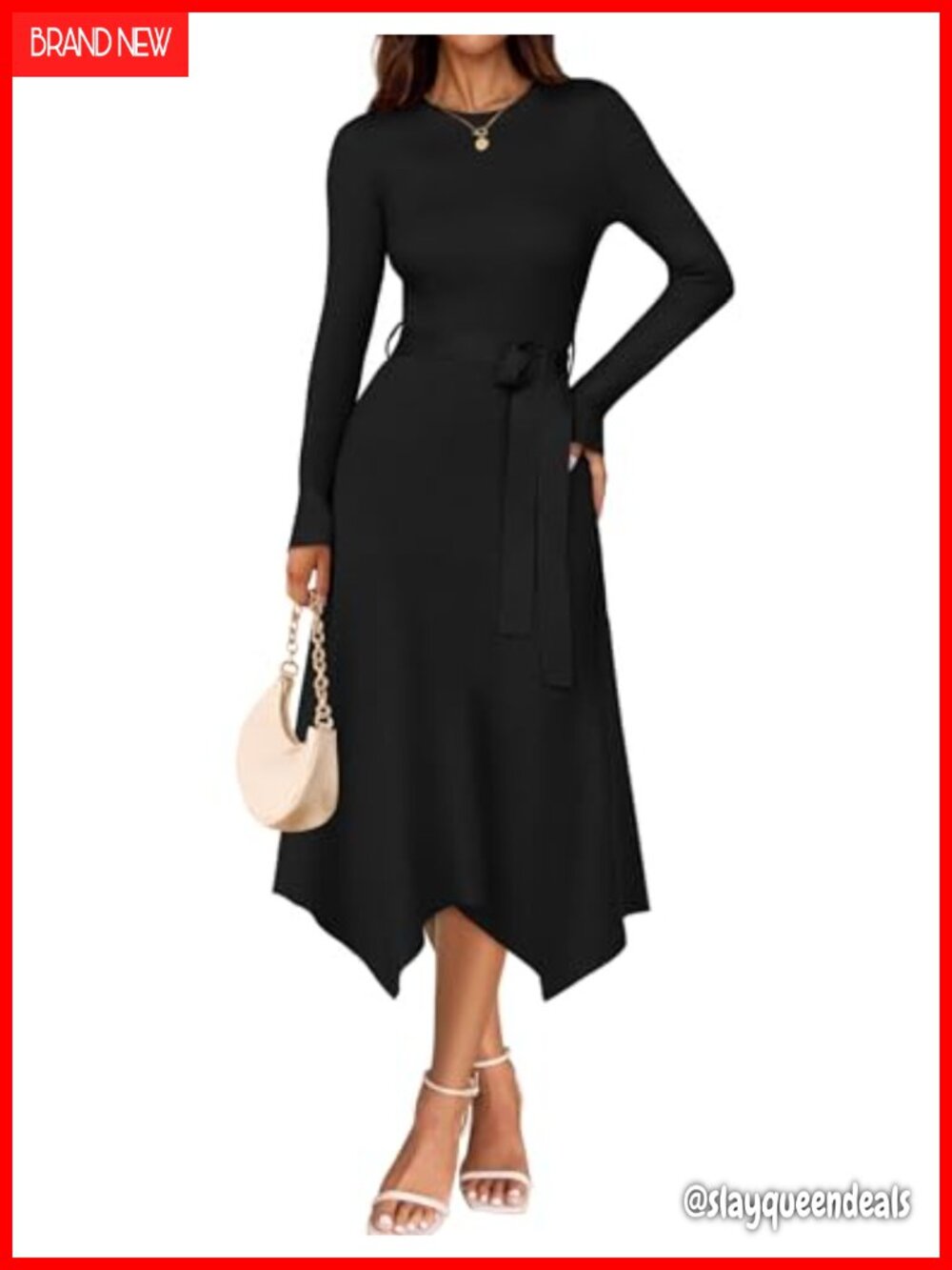 Women's Long Sleeve Sweater Midi Dress Crew Neck A-Line Tie Waist Pullover